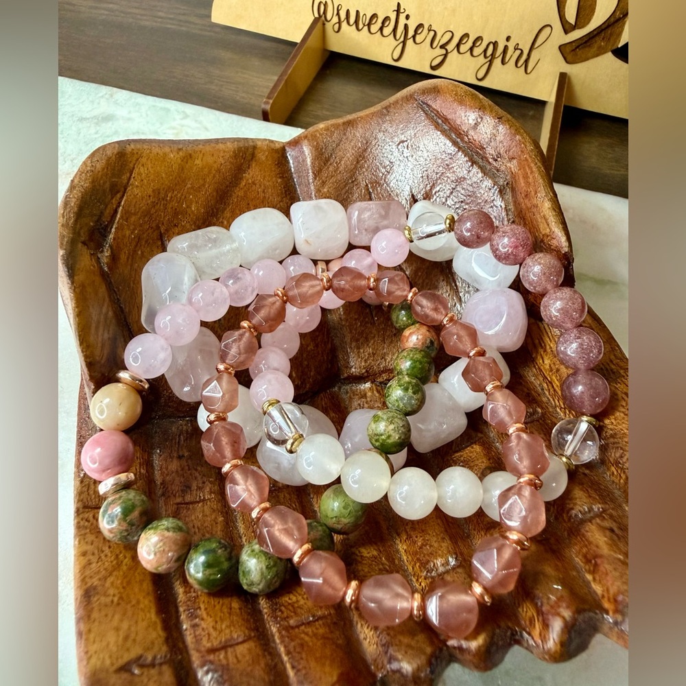 Strawberry Rose Clear Quartz Unakite Love Stone Bracelet Bundle